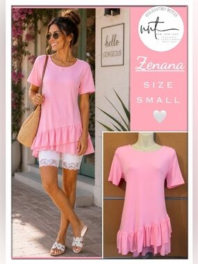 Zenana Pink Ruffle Hem Tunic Top Small NWOT Short Sleeve Stretch Boutique Cute